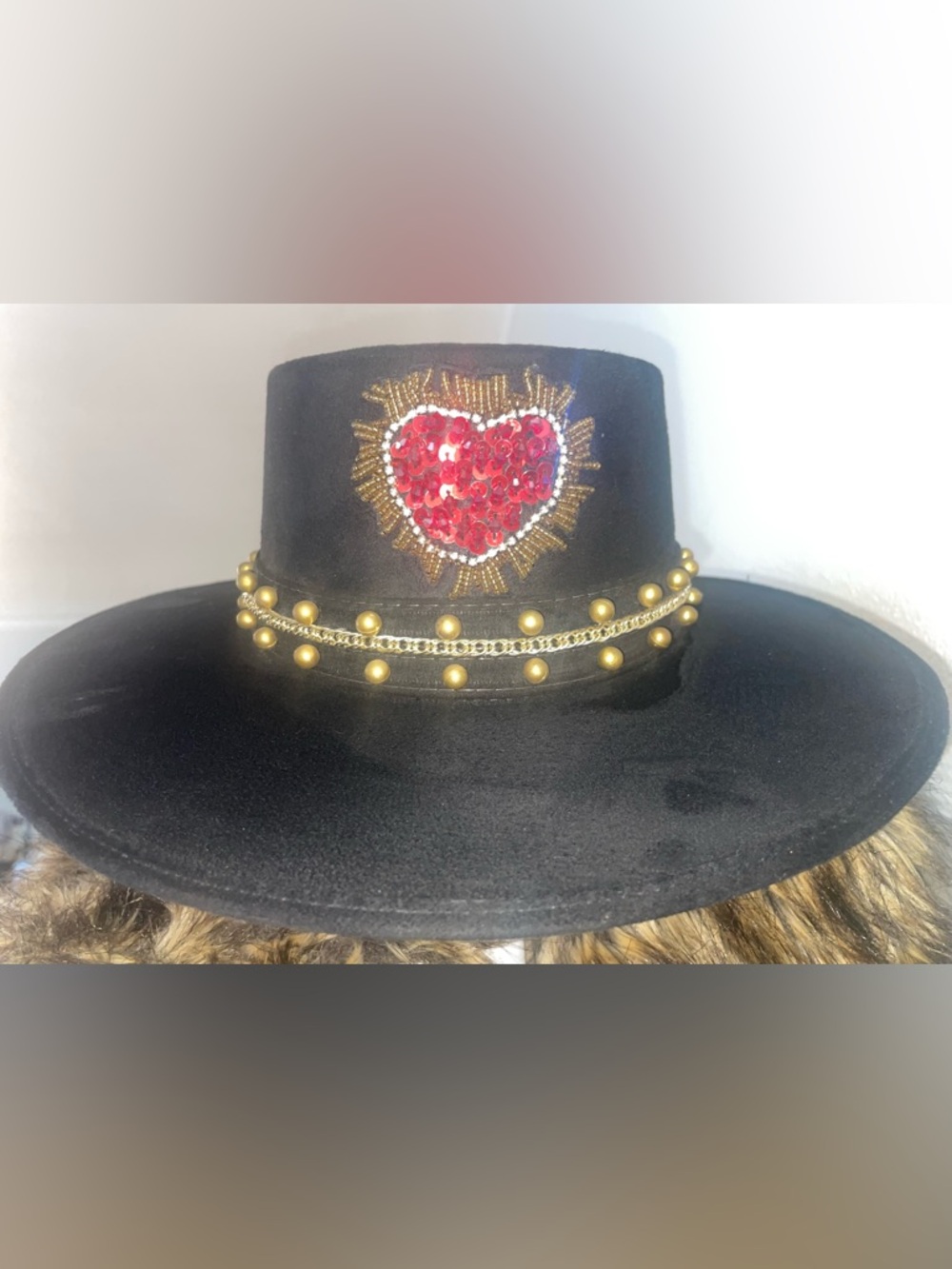 Black Wide-Brim Hat with Red Sequin Heart and Gold Stud Trim